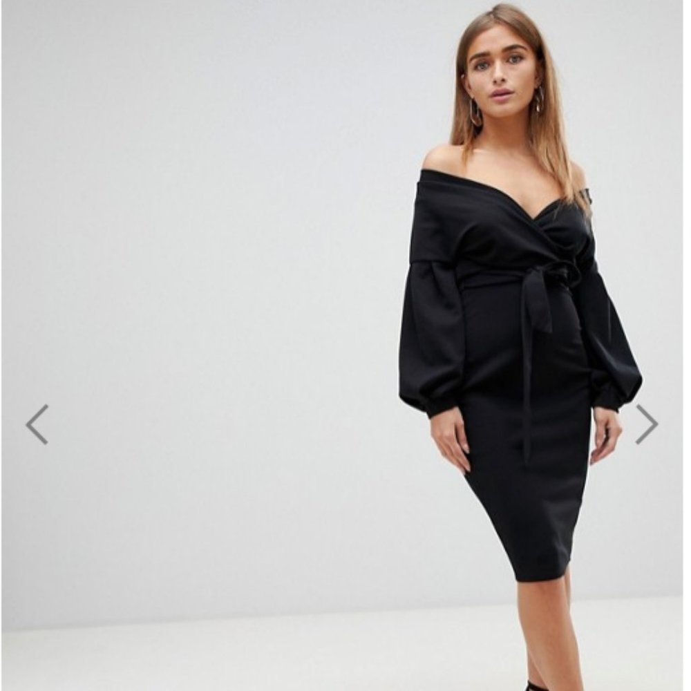 Sexy Petite wrap v-neck pencil dress ruched sleeve